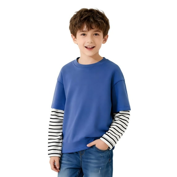 YUSIM Boys Striped Cotton T Shirts- Long Sleeve Crewneck Fashion Casual Kids Spring Tops Clothes Blue Size 5