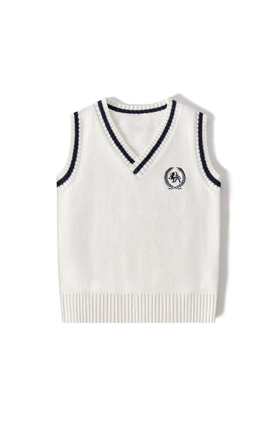 Boys Sweater Vest- Sleeveless Casual Soft V-Neck Kids Fall Winter School Uniform White Size 4