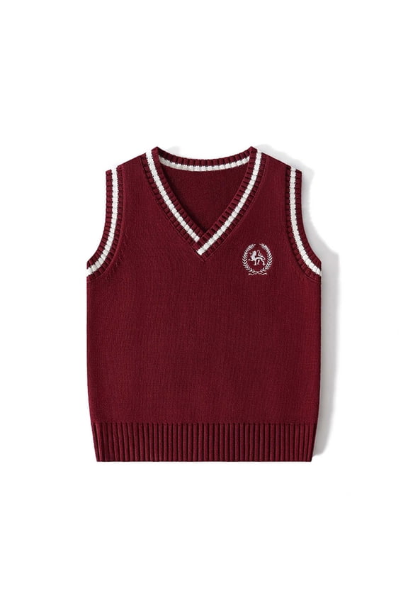 Boys Sweater Vest- Sleeveless Casual V-Neck Soft Kids Fall Winter School Uniform Wine Size 4