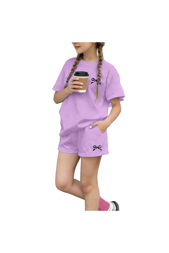 Girls Fashion Outfits Set- Casual Pockets Short Sleeve Cute Tops and Shorts Summer Clothes Purple Size 4 T