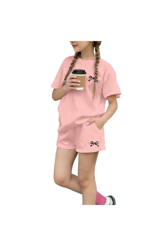 Girls Fashion Outfits Set- Pockets Short Sleeve Casual Cute Tops and Shorts Summer Clothes Pink Size 12