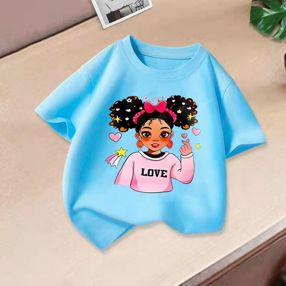 YUSIM Girls Graphic Cotton T Shirts- Crewneck Cute Short Sleeve Casual Kids Summer Tops Light Blue Size 4T