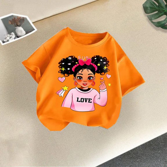 YUSIM Girls Graphic Cotton T Shirts- Crewneck Cute Short Sleeve Casual Kids Summer Tops Orange Size 7-8T