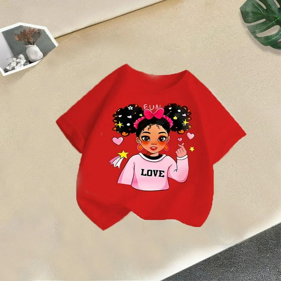 YUSIM Girls Graphic Cotton T Shirts- Cute Crewneck Casual Short Sleeve Kids Summer Tops Red Size 7-8T
