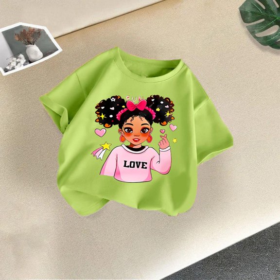 YUSIM Girls Graphic Cotton T Shirts- Short Sleeve Cute Casual Crewneck Kids Summer Tops Green Size 4T