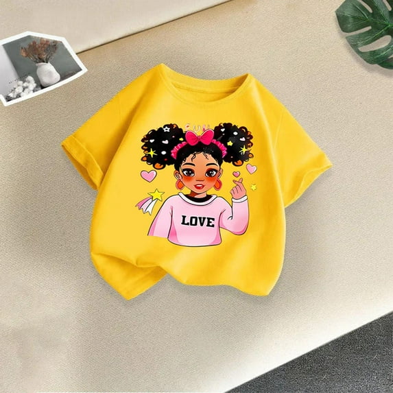 YUSIM Girls Graphic Cotton T Shirts- Short Sleeve Cute Crewneck Casual Kids Summer Tops Yellow Size 10-12T