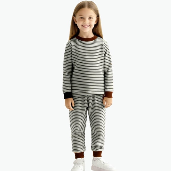 YUSIM Girls Striped Pajama Sets 2 PC- Casual Soft Cotton Long Sleeve Warm Shirts and Pants Coffee Size 2-3Years