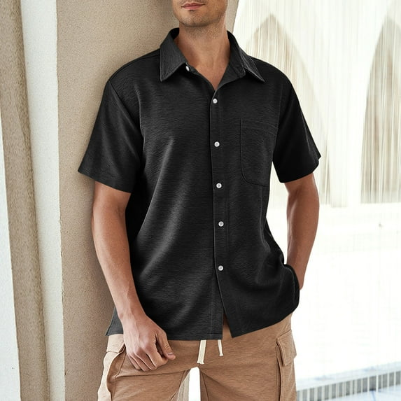 YUSIM Mens Button Down Shirts with Pocket- 100% Cotton Short Sleeve Summer Casual Vacation Beach Shirts Black Size S-2XL