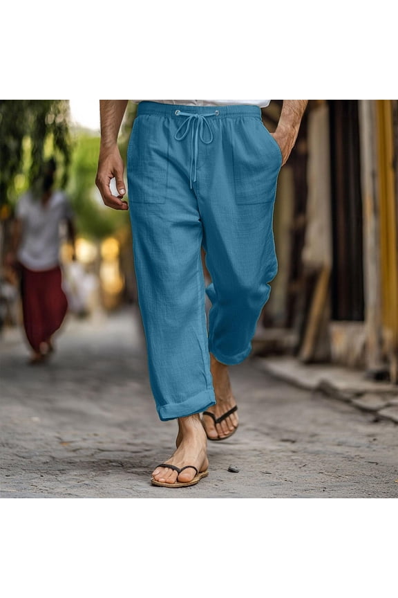 Mens Cotton Linen Pants with Pockets- Elastic Waist Baggy Summer Casual Drawstring Beach Pants Sky Blue Size 2XL