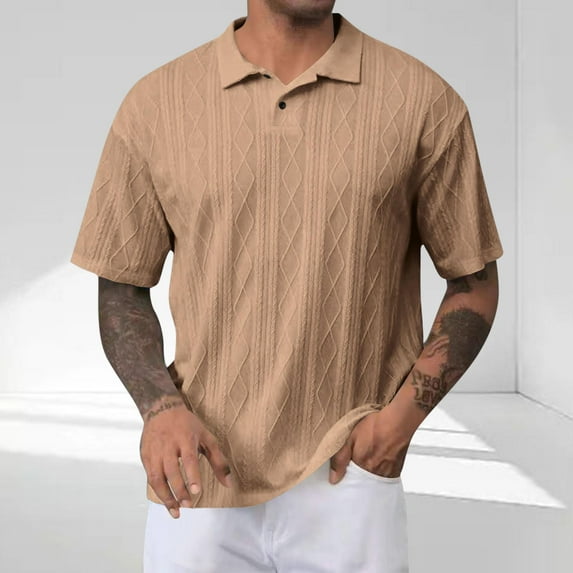 YUSIM Mens Jacquard Trendy Polo Shirts- Summer Casual Short Sleeve Soft Golf Shirts Brown Size L