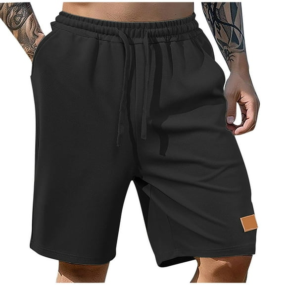YUSIM Mens Waffle Knit Shorts Casual- Soft Summer Elastic Waist Baggy Drawstring Shorts with Pockets Black Size S-3XL