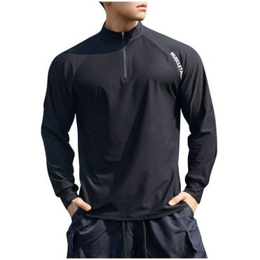 YUSIM Mens Workout Shirts with Zipper- Long Sleeve Quick Dry Crewneck Slim Fit Gym Active Tops Black Size 2XL