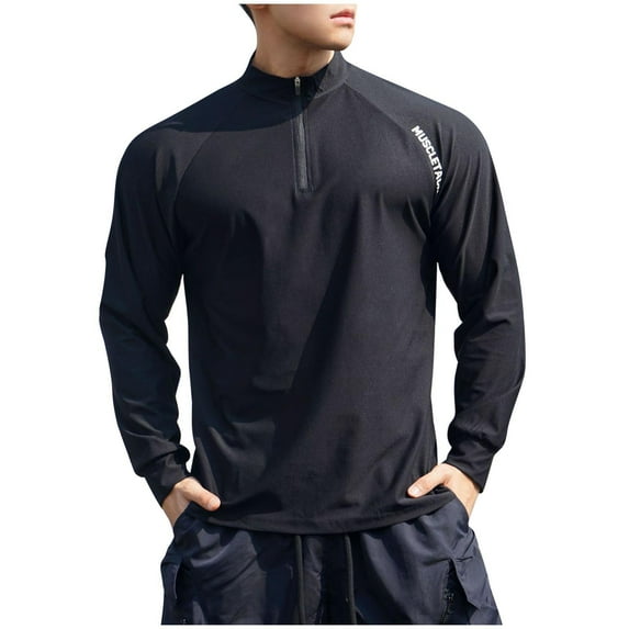 YUSIM Mens Workout Shirts with Zipper- Quick Dry Long Sleeve Slim Fit Crewneck Gym Active Tops Black Size 3XL