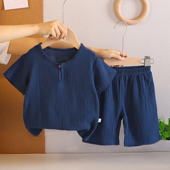 YUSIM Toddler Boys Cotton Linen Outfits Set- Summer Casual Short Sleeve Breathable Kids Clothes Shirts and Shorts Navy Size 1-5 T