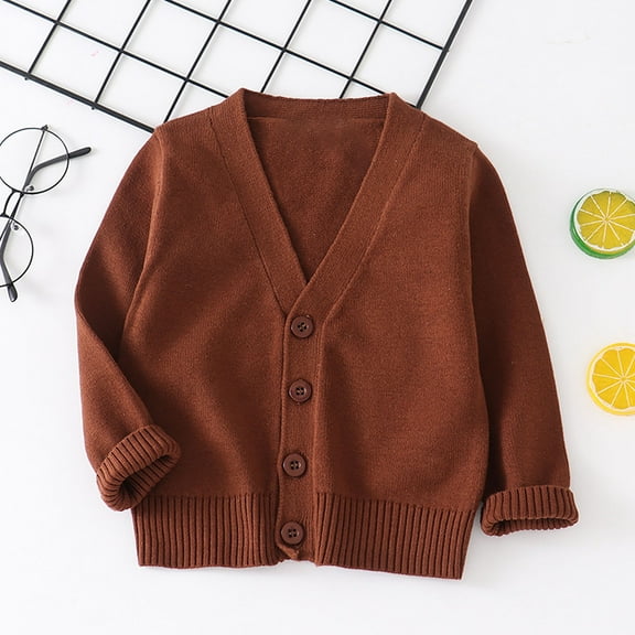 YUSIM Toddler Boys Knit Sweater- Casual Button Down Long Sleeve V-Neck Kids Cardigan Brown Size 1-8 T