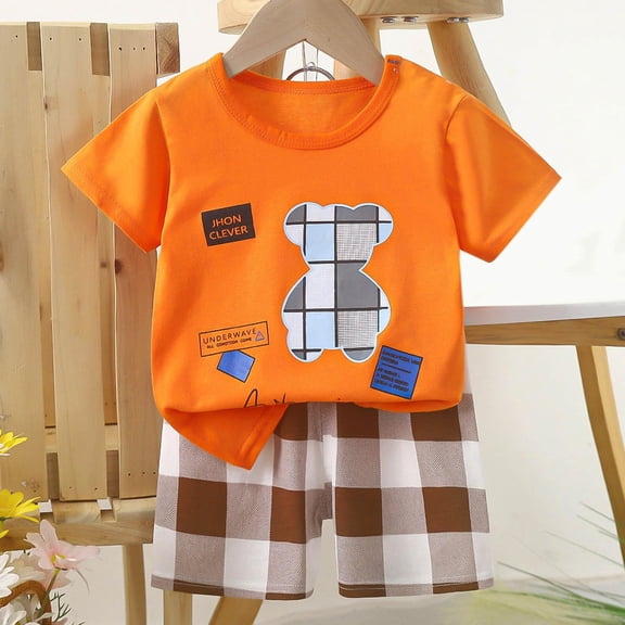 YUSIM Toddler Boys Summer Outfits Set- Casual Cute Short Sleeve Soft Cotton Kids T Shirts and Shorts Clothes Yellow Size 6 T