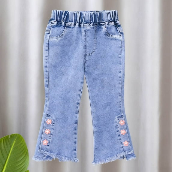 YUSIM Toddler Girls Embroidered Jeans- Casual Cute Slim Fit Elastic Waist Denim Pants Light Blue Size 1 T