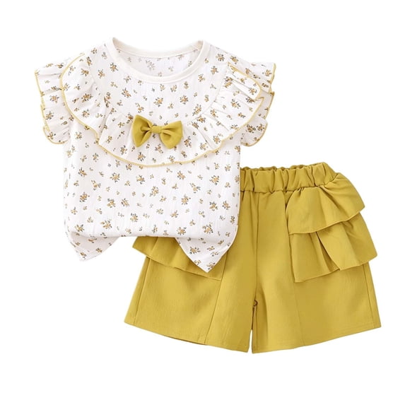 YUSIM Toddler Girls Floral Outfits Set- Short Sleeve Cotton Cute Casual Tees and Shorts Kids Summer Clothes Yellow Size 1 T