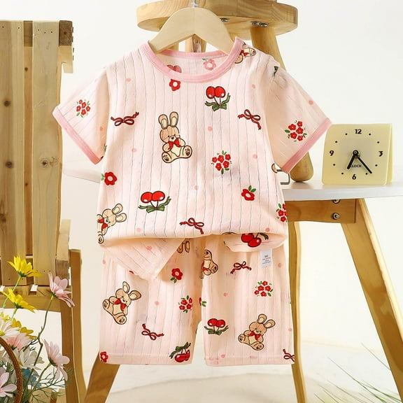 YUSIM Toddler Girls Pajamas Sets- Cute Short Sleeve Summer Soft Cotton Baby Shirts and Shorts Pink Size 5 T