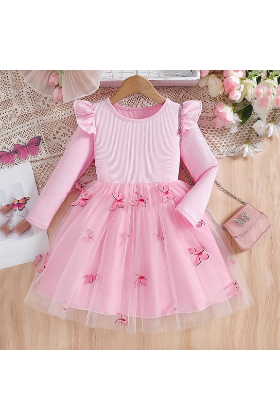 Toddler Girls Tutu Dresses- Casual Mesh Cute Long Sleeve Princess Dress Pink Size 5 T