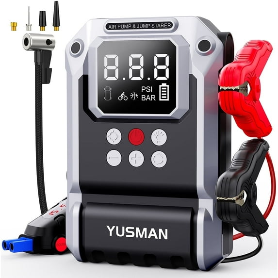 YUSMAN Portable 8500A Car Jump Starter With Air Compressor 150PSl, 12V Battery Pack ( Gas/Diesel), 12V Jump Box Car Battery Jumper Starter, Smart Jump Cables, Digital Display, LED Lights, Vehicle Bat