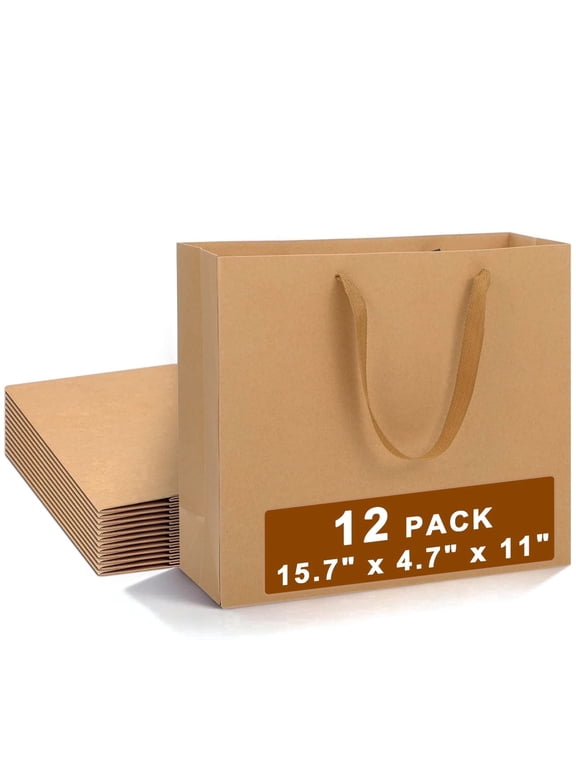 12 Pack Extra Thick Kraft Gift Bags with Handles, Large Brown Paper Shopping Bags, Durable Heavy Duty Bags for Boutique, Retail, Birthday & Party Supplies