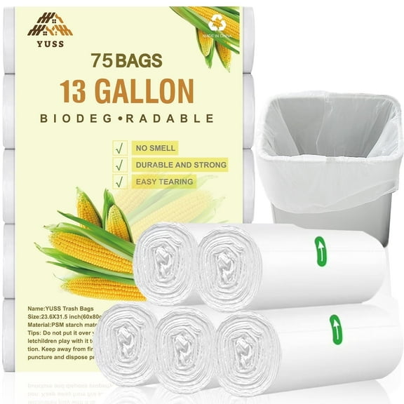 YUSS 13 Gallon Trash Bags Tall Kitchen Garbage Bags Strong,75 Count,White