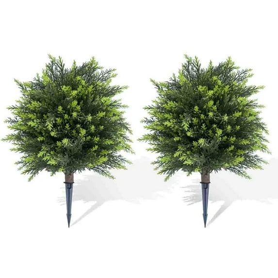 YUSS 21 inch Artificial Cypress Topiary Plants 2 Pack, Faux Cedar Bushes with Ground Spike UV Resistant, Outdoor Fake Shrubs for Front Porch Decor
