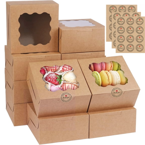 YUSS 25 Pack Cookie Boxes with Window, 6x6x3 Inch Kraft Bakery Boxes for Homemade Cookies, Brownies, Cupcakes and Dessert Treat Packaging, with Stickers