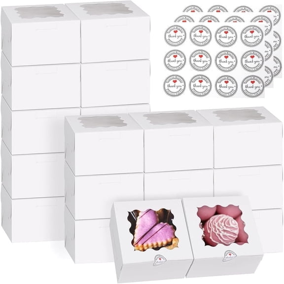 YUSS 50pcs Cookie Boxes, 4x4x2.5 Inches Bakery Boxes with Window, for Mini Cake Treat Dessert Pastry Donuts Macaroon Strawberries Chocolate Candy,White (with Stickers)