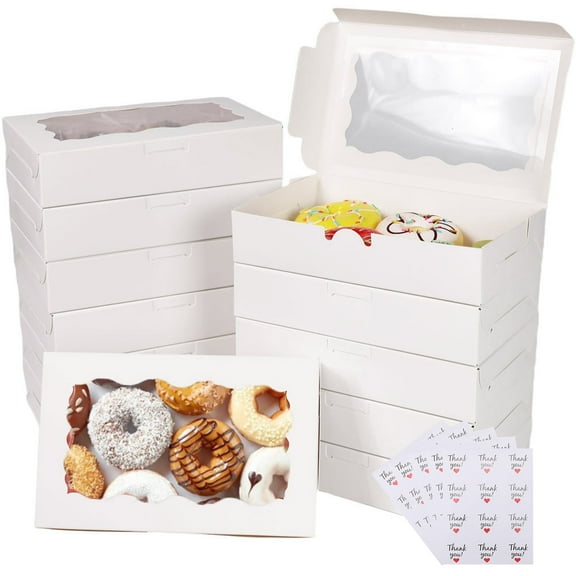 YUSS Bakery Boxes,12x8x2.5 Inches Cookie Boxes with Window White Cake Boxes for Chocolate Covered,Strawberries, Desserts, Cookies, with 4pcs Stickers,20Pcs