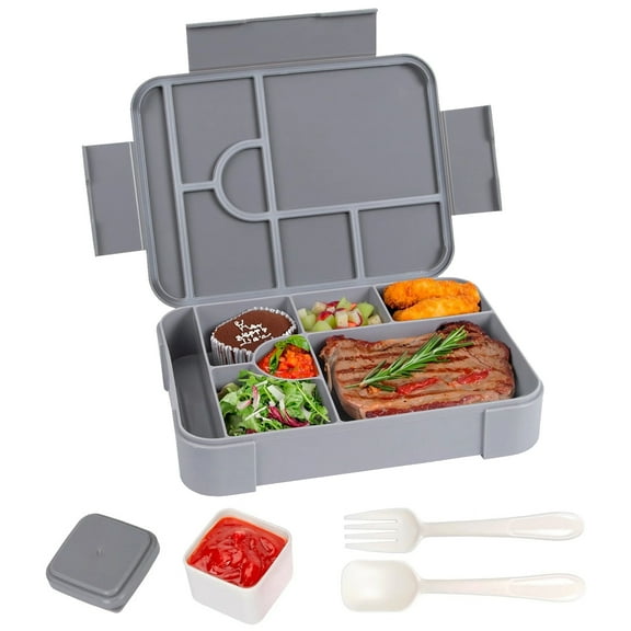 YUSS Bento Boxes，7 Compartments Lunch Container for Adults - Lunch Boxes with Utensils & Sauce Container, BPA-Free，Grey