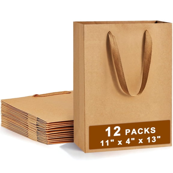 YUSS Brown Gift Bags with Handles 11x4x13 Inches Heavy Duty Kraft Paper Bags - 12 Pack Bulk Sturdy Shopping Bags for Merchandise, Retail, Small Business, Birthday Party Favors, Wedding & Events