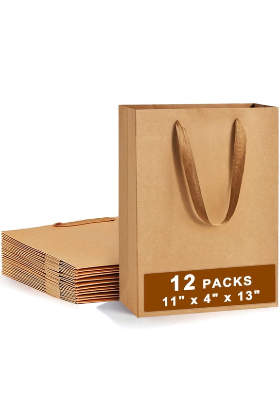 Brown Gift Bags with Handles 11x4x13 inches Sturdy Kraft Paper Bags,12 Pack,for Shopping,Merchandise, Retail, Small Business, Birthday Party