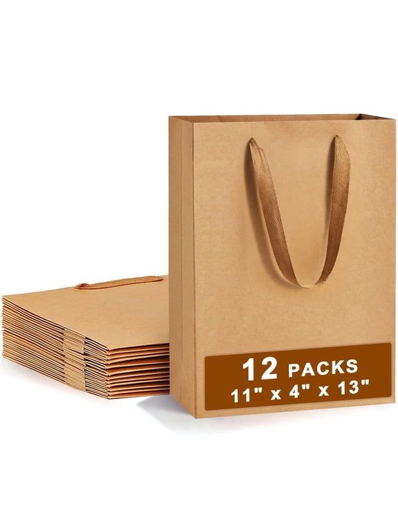 Brown Gift Bags with Handles 11x4x13 inches Sturdy Kraft Paper Bags,12 Pack,for Shopping,Merchandise, Retail, Small Business, Birthday Party