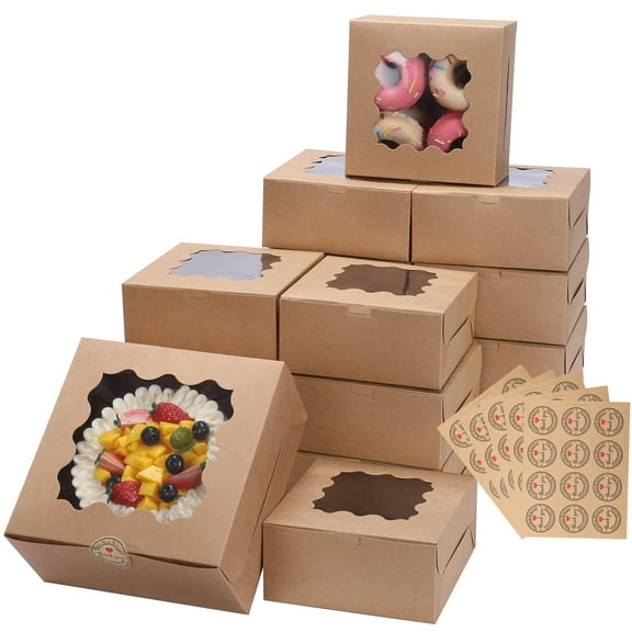 YUSS Cookie Boxes, 8x8x4 Inches Bakery Boxes with Windows for Chocolate,Strawberries, Pie, Pastry, Dessert, Cake,24Pcs (Kraft Paper Material,with Stickers)