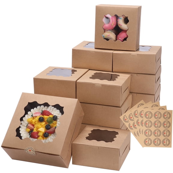 YUSS Cookie Boxes, 8x8x4 Inches Bakery Boxes with Windows for Chocolate,Strawberries, Pie, Pastry, Dessert, Cake,24Pcs (Kraft Paper Material,with Stickers)