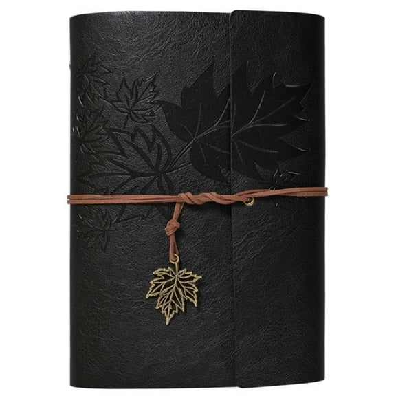 YUSS Vintage Leather Notebook Loose Leaf Replaceable - Handmade Leather Journal Notebook With Maple Leaf Pendant|Business Office Gift/Student Stationery/Travel Account,Black