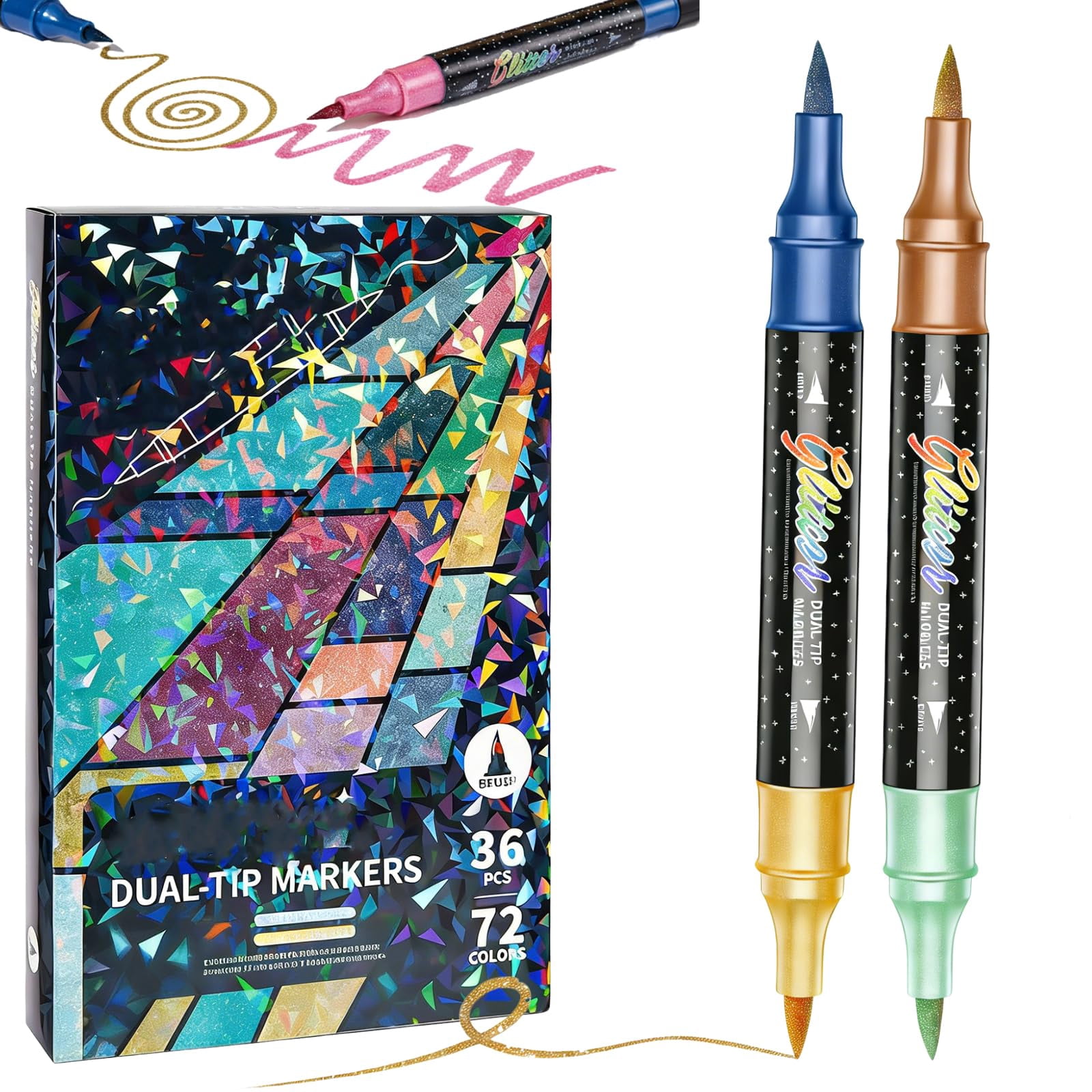YUSUIYI Glitter Dual Tip Markers,24/48/72/96 Colors Metallic Sparkle Pens for Drawing,Coloring,DIY Crafts,Easter Gift