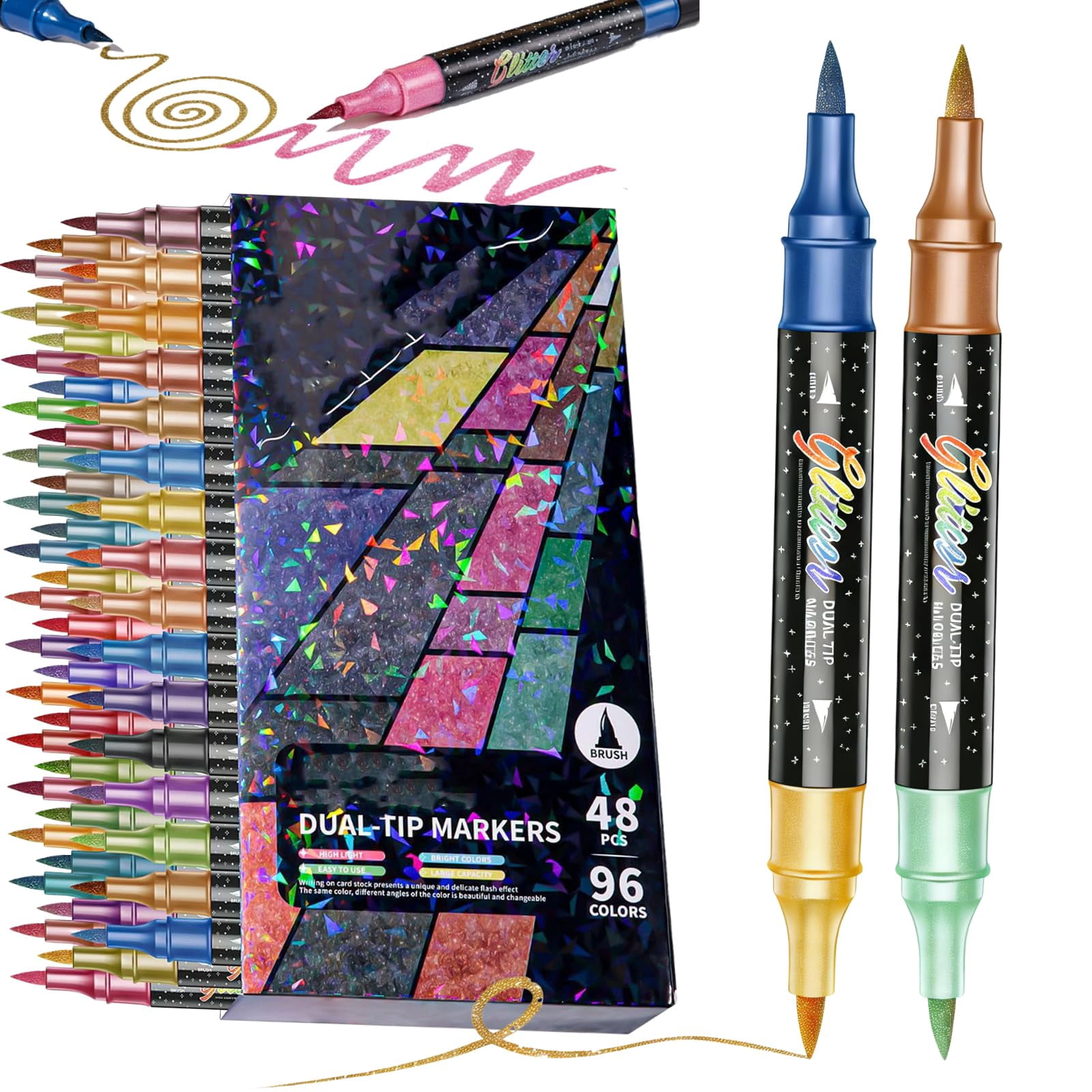 YUSUIYI Glitter Dual Tip Markers,24/48/72/96 Colors Metallic Sparkle Pens for Drawing,Coloring,DIY Crafts,Easter Gift