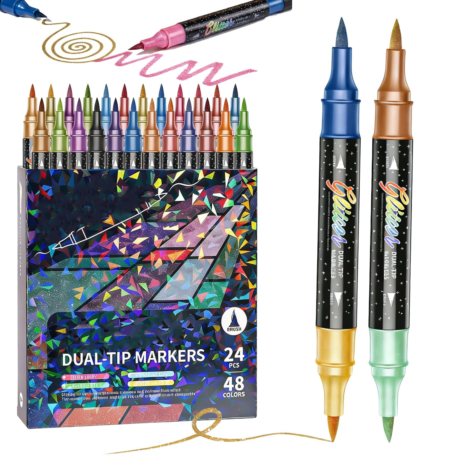 YUSUIYI Glitter Dual Tip Markers,24/48/72/96 Colors Metallic Sparkle Pens for Drawing,Coloring,DIY Crafts,Easter Gift