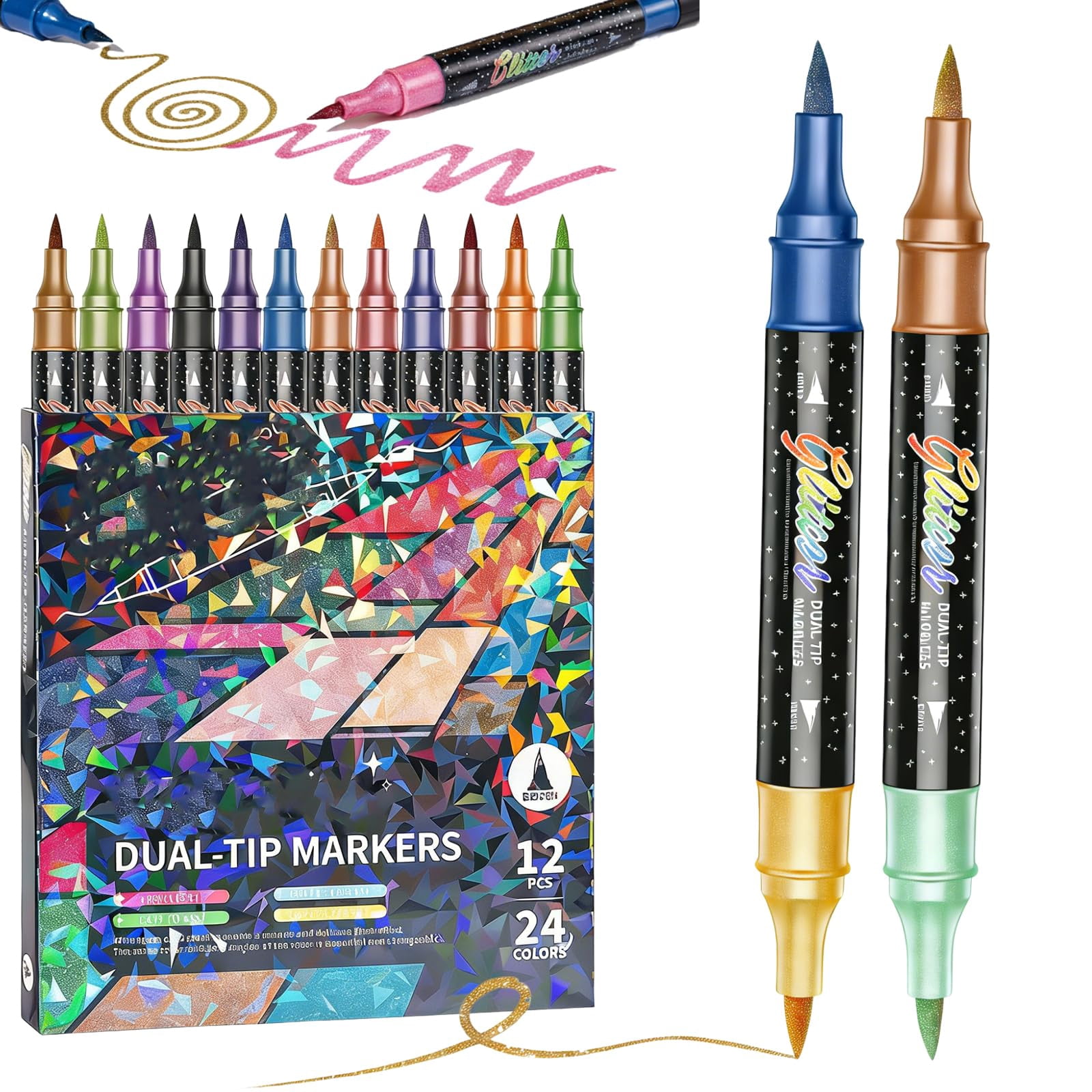 YUSUIYI Glitter Dual Tip Markers,24/48/72/96 Colors Metallic Sparkle Pens for Drawing,Coloring,DIY Crafts,Easter Gift