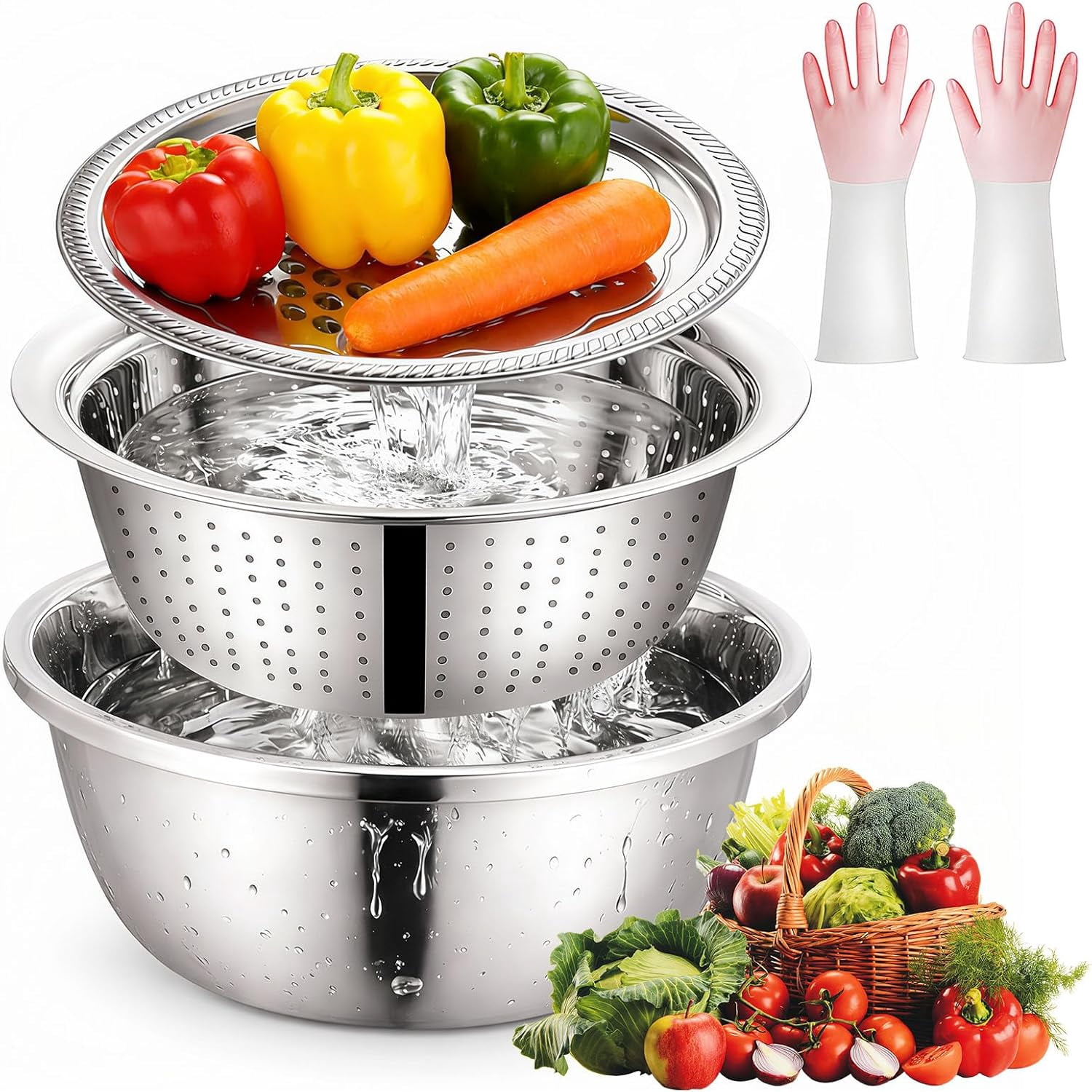 Food Rinser YUSUIYI Grating and Slicing Bowl,Stainless Steel 3 in 1 Multipurpose ...