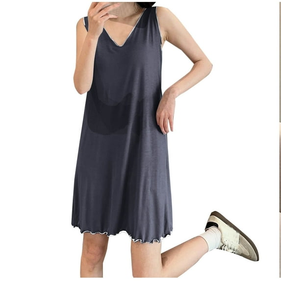 YUTK 100% Cotton Nightgowns for Women in Clearance Women's V-Neck Sleeveless Pajamas Large Size Loose Long Nightdress Dark Gray Xxl