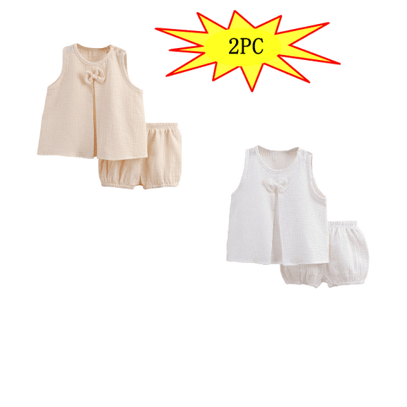 YUTK 2PC Girls' Active Sweatsuit,Solid Color Gauze Set Double-Layer Breathable Two-Piece Set Bow Top and Pants Set Round Neck Set Sale(Beige,White)