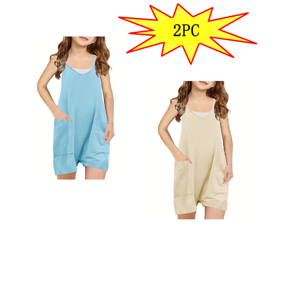 YUTK 2PC Girls Summer Sleeveless Casual Romper Spaghetti Strap Shorts Jumpsuit with Pockets （Beige,Light Blue）