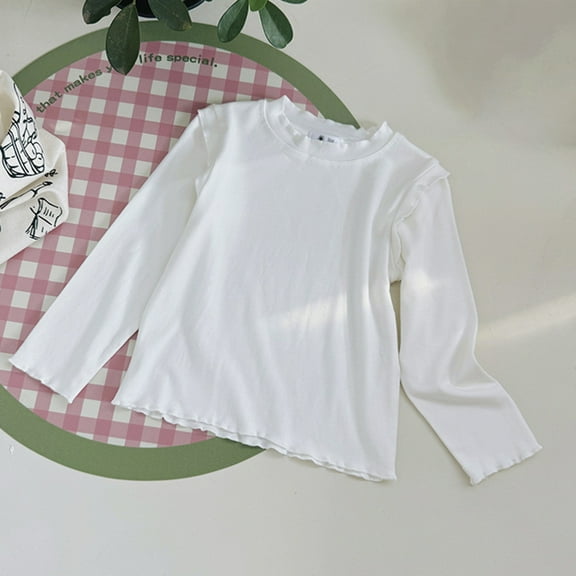 YUTK 3 Year Old Girl Clothes 2-8 Years Girls' Casual Solid Color Ruffled Bottom Shirt Long Sleeved Round Neck Top/Shirt White