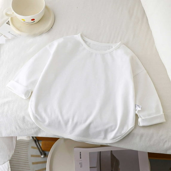 YUTK 3 Year Old Girl Clothes Baby Children'S Long-Sleeved T-Shirt Bottoming Shirt Solid Round Neck Long-Sleeved Top White