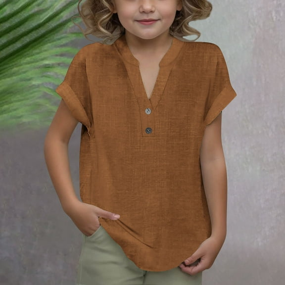 YUTK 5T Girls Shirts Girls Summer Fashion Solid Button Shirt Female V-Neck Loose T-Shirt Blouse Brown 13 Years
