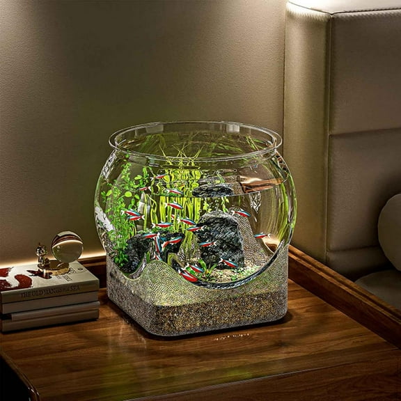 YUTK Aquarium Small Fish Tank Break-Resistant Plastic Fish Bowl PET Clear Round Bowl Terrarium Desktop Golden Fish Tank with Filter and Light